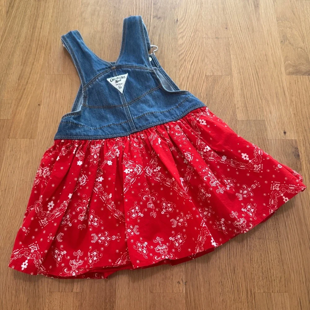 Osh'Kosh 3T Red Blue Denim Western Bandana Print Overall Skirtall Jumper Dress